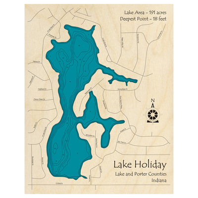 Bathymetric topo map of Lake Holiday, IN with roads, towns and depths noted in blue water.