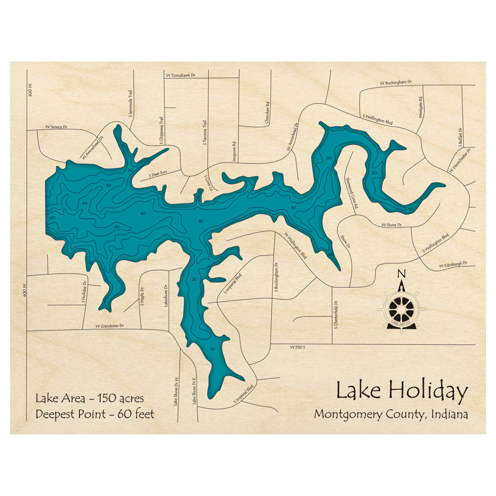 Bathymetric topo map of Lake Holiday, IN with roads, towns and depths noted in blue water.