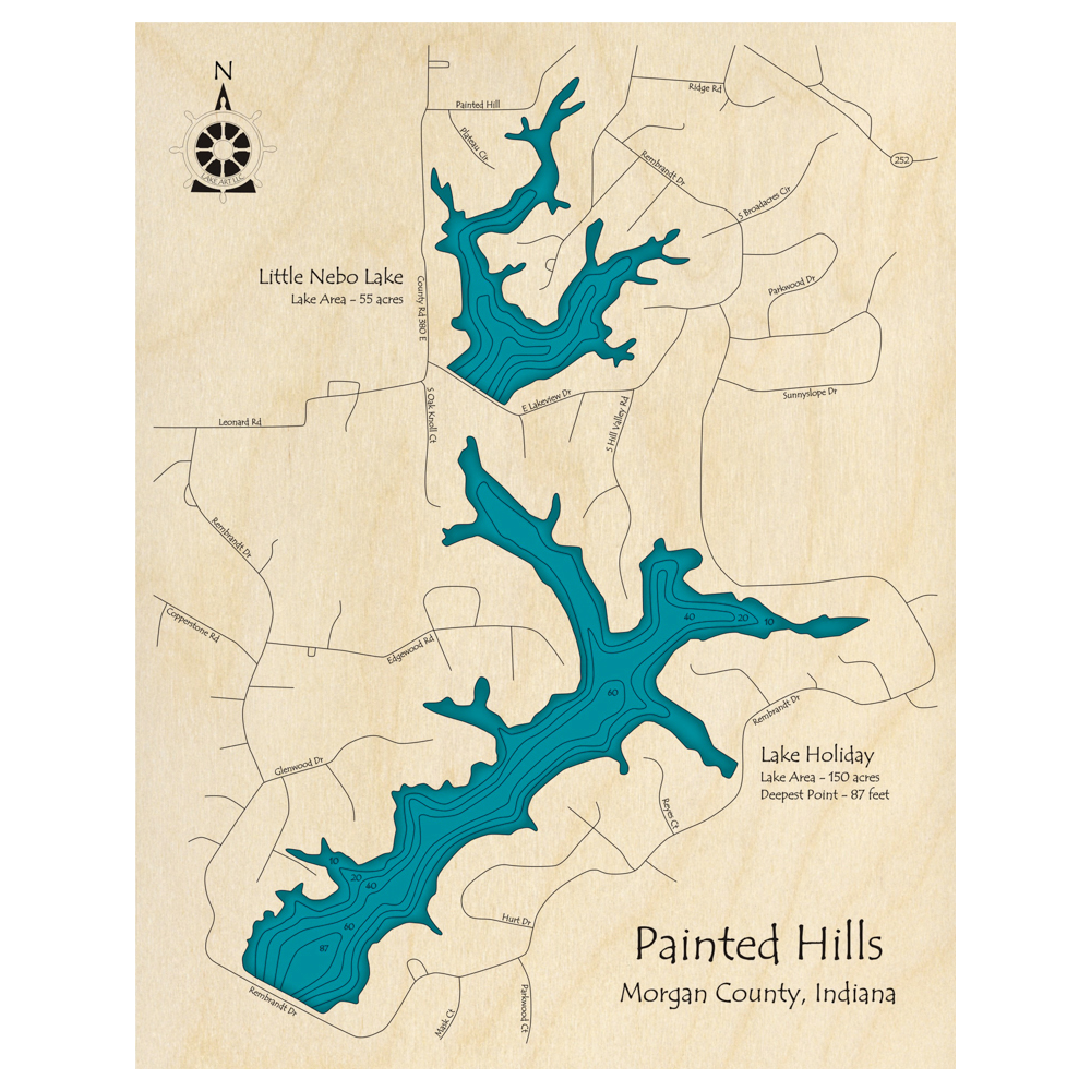 Bathymetric topo map of Lake Holiday, IN with roads, towns and depths noted in blue water.