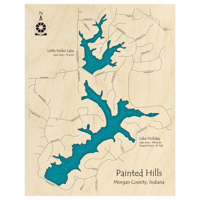 Bathymetric topo map of Lake Holiday, IN with roads, towns and depths noted in blue water.