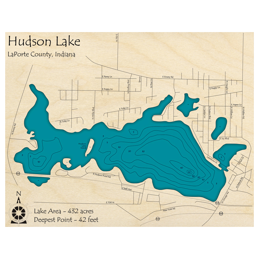 Bathymetric topo map of Hudson Lake, IN with roads, towns and depths noted in blue water.