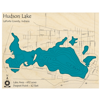 Bathymetric topo map of Hudson Lake, IN with roads, towns and depths noted in blue water.