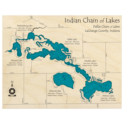 Bathymetric topo map of Indian Chain of Lakes, IN with roads, towns and depths noted in blue water.