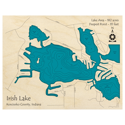 Bathymetric topo map of Irish Lake, IN with roads, towns and depths noted in blue water.
