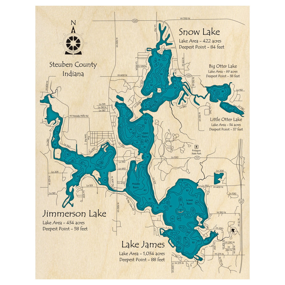 Bathymetric topo map of Lake James, IN with roads, towns and depths noted in blue water.