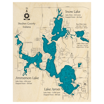 Bathymetric topo map of Lake James, IN with roads, towns and depths noted in blue water.