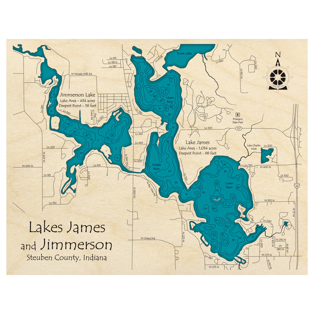 Bathymetric topo map of Lake James, IN with roads, towns and depths noted in blue water.