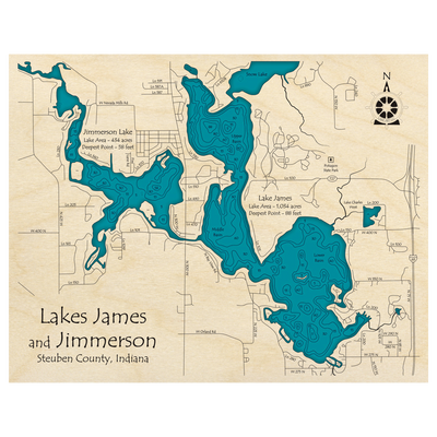 Bathymetric topo map of Lake James, IN with roads, towns and depths noted in blue water.