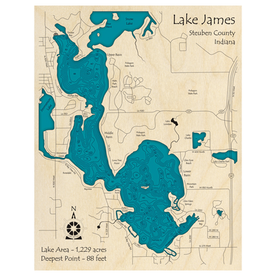 Bathymetric topo map of Lake James, IN with roads, towns and depths noted in blue water.