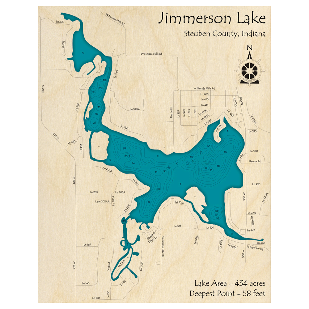 Bathymetric topo map of Jimmerson Lake, IN with roads, towns and depths noted in blue water.