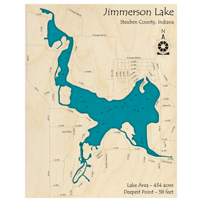 Bathymetric topo map of Jimmerson Lake, IN with roads, towns and depths noted in blue water.