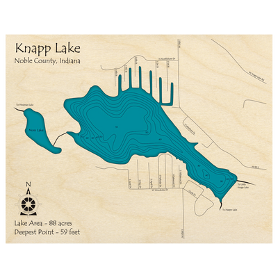 Bathymetric topo map of Knapp Lake, IN with roads, towns and depths noted in blue water.