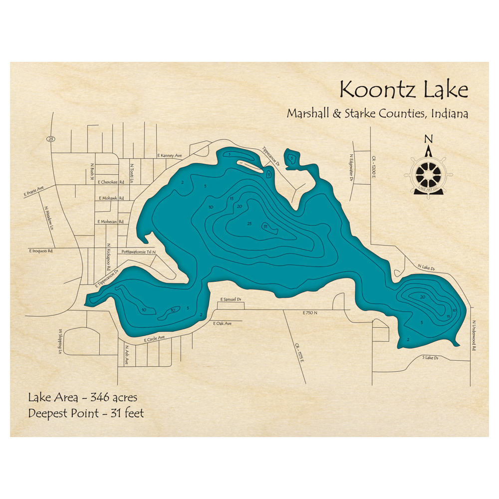 Bathymetric topo map of Koontz Lake, IN with roads, towns and depths noted in blue water.