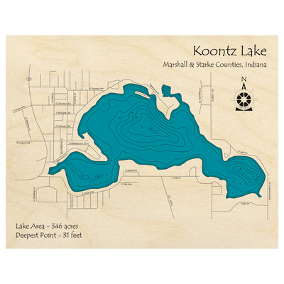 Bathymetric topo map of Koontz Lake, IN with roads, towns and depths noted in blue water.