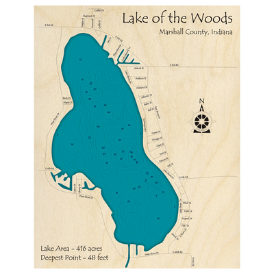 Bathymetric topo map of Lake of the Woods, IN with roads, towns and depths noted in blue water.