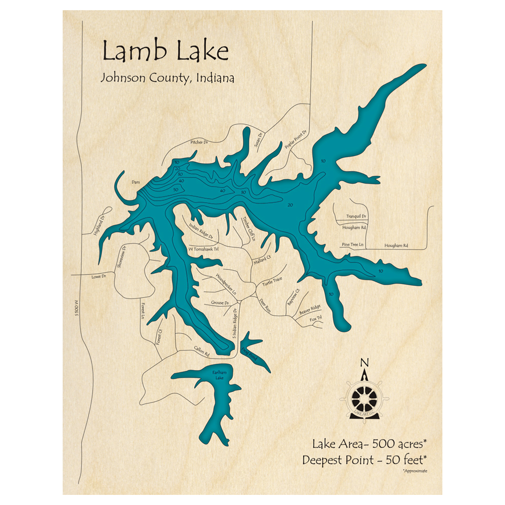 Bathymetric topo map of Lamb Lake, IN with roads, towns and depths noted in blue water.