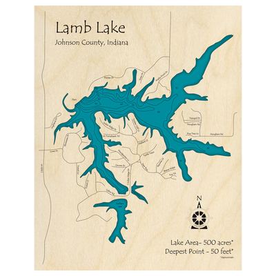 Bathymetric topo map of Lamb Lake, IN with roads, towns and depths noted in blue water.