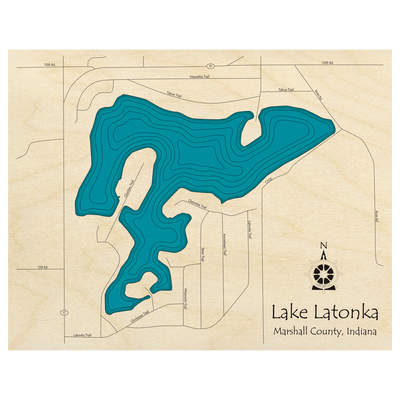 Bathymetric topo map of Lake Latonka, IN with roads, towns and depths noted in blue water.
