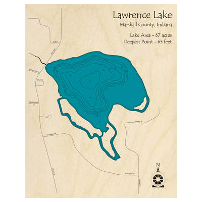 Bathymetric topo map of Lawrence Lake, IN with roads, towns and depths noted in blue water.