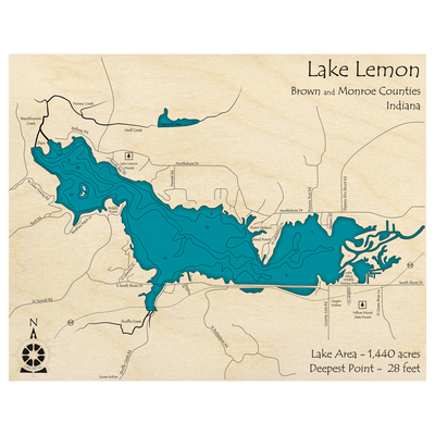 Bathymetric topo map of Lake Lemon, IN with roads, towns and depths noted in blue water.