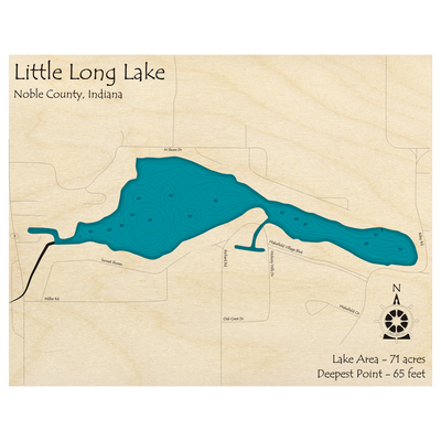 Bathymetric topo map of Little Long Lake, IN with roads, towns and depths noted in blue water.