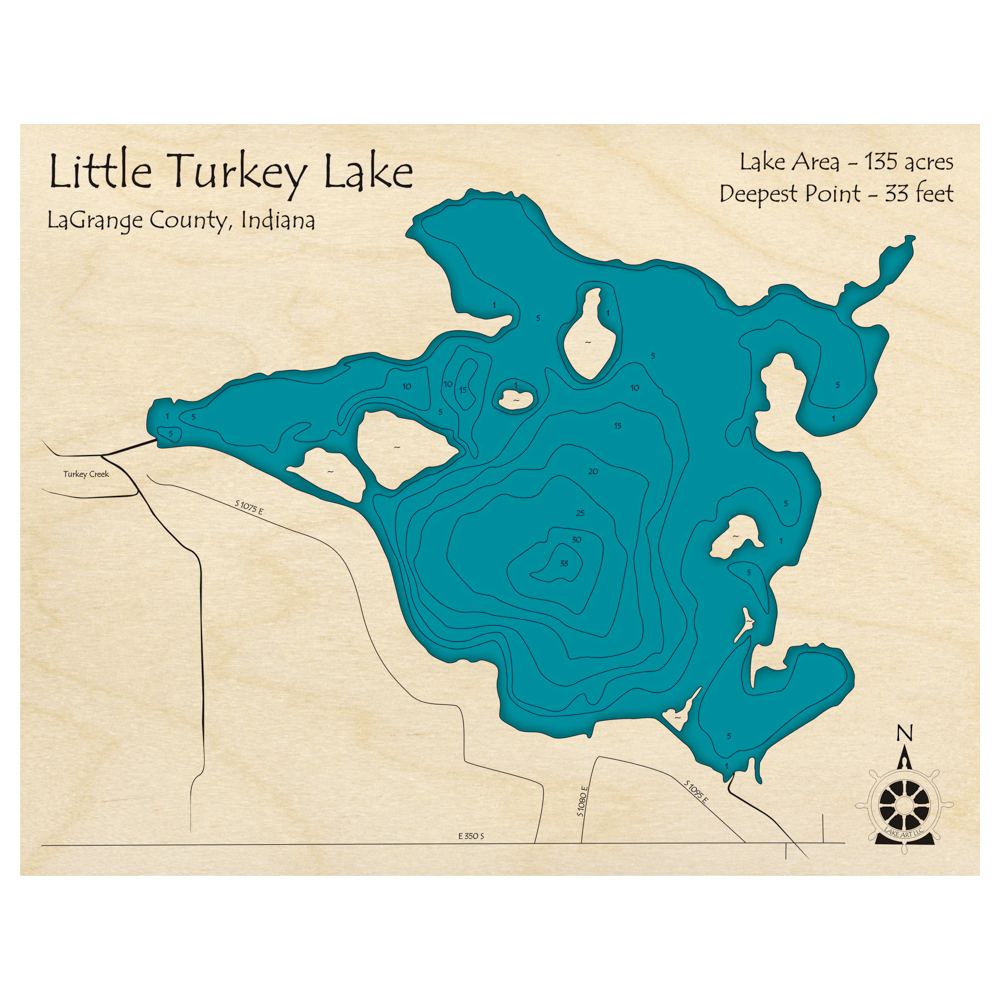Bathymetric topo map of Little Turkey Lake, IN with roads, towns and depths noted in blue water.
