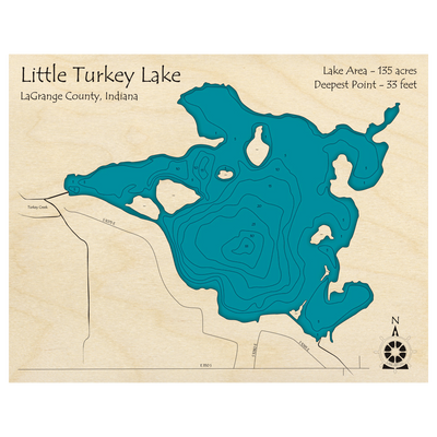 Bathymetric topo map of Little Turkey Lake, IN with roads, towns and depths noted in blue water.