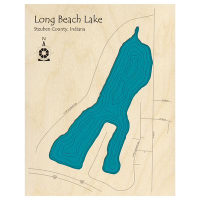 Bathymetric topo map of Long Beach Lake, IN with roads, towns and depths noted in blue water.