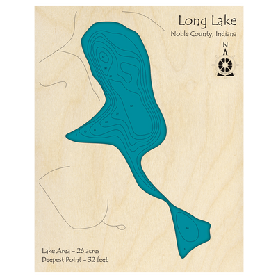 Bathymetric topo map of Long Lake, IN with roads, towns and depths noted in blue water.
