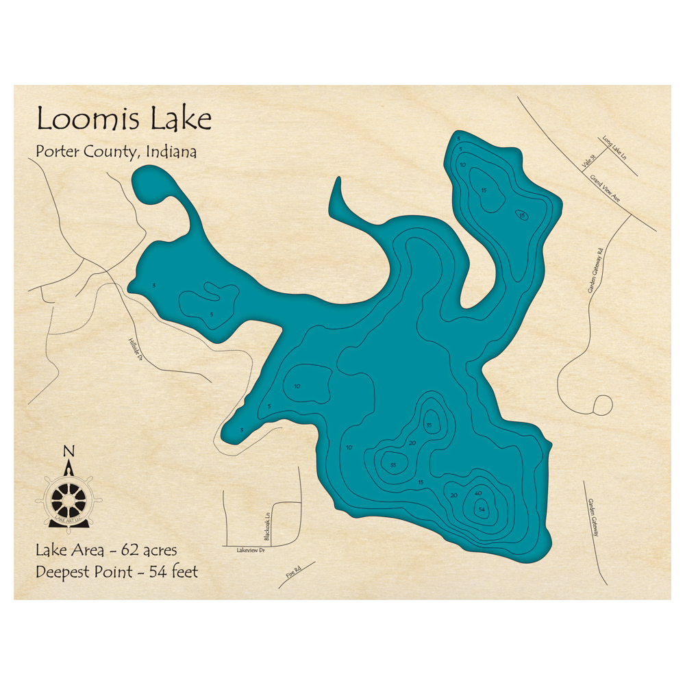 Bathymetric topo map of Loomis Lake, IN with roads, towns and depths noted in blue water.