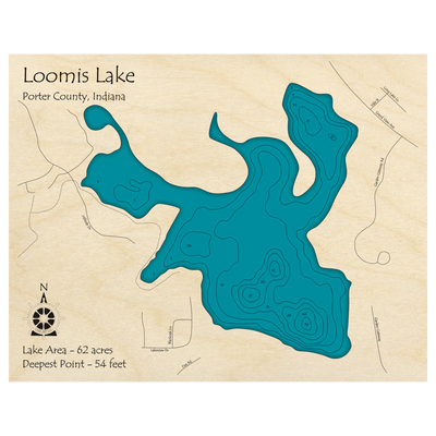 Bathymetric topo map of Loomis Lake, IN with roads, towns and depths noted in blue water.