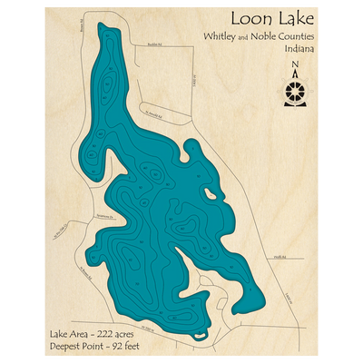 Bathymetric topo map of Loon Lake, IN with roads, towns and depths noted in blue water.