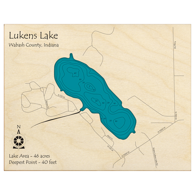 Bathymetric topo map of Lukens Lake, IN with roads, towns and depths noted in blue water.