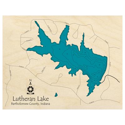 Bathymetric topo map of Lutheran Lake, IN with roads, towns and depths noted in blue water.