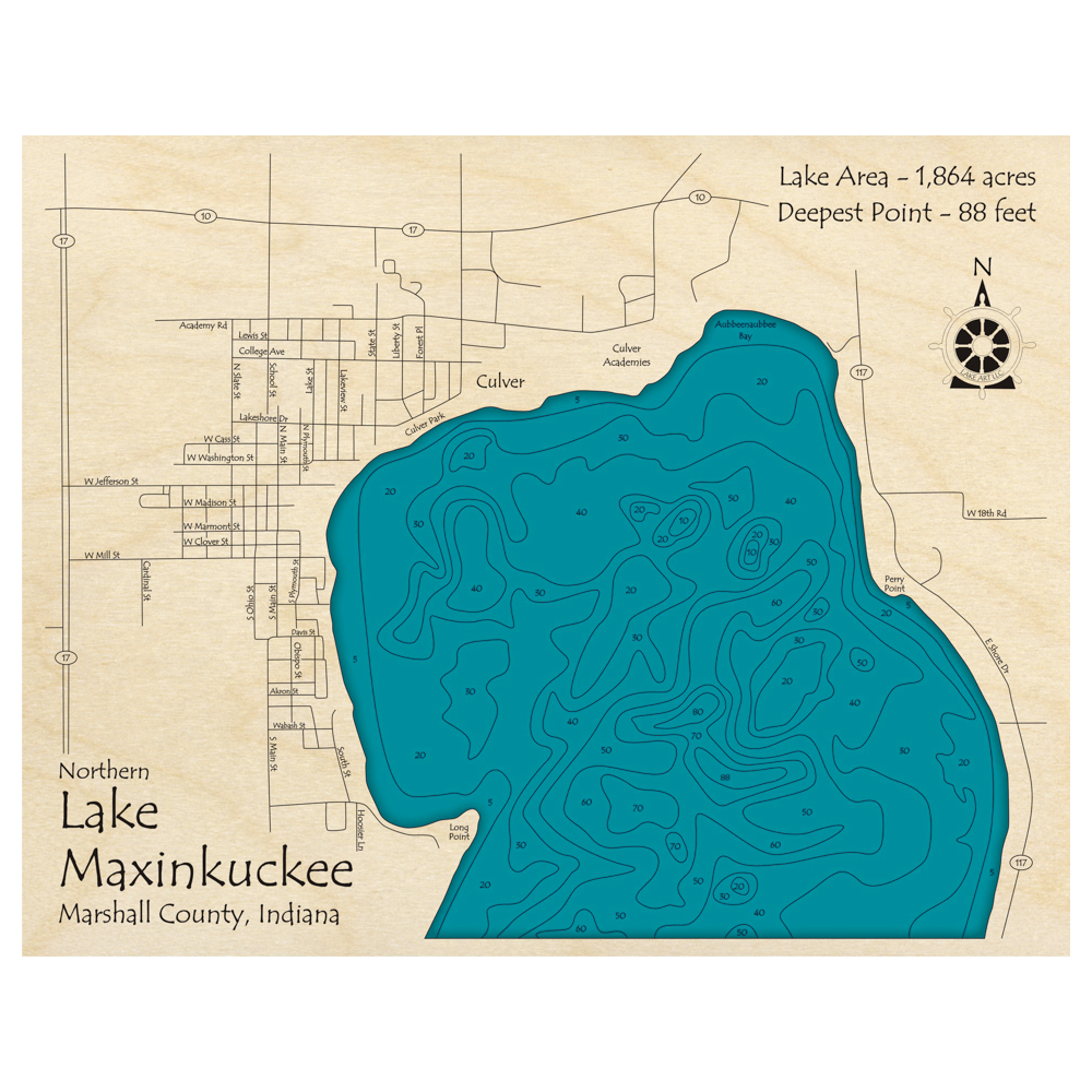 Bathymetric topo map of Lake Maxinkuckee, IN with roads, towns and depths noted in blue water.