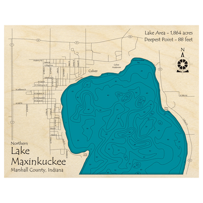 Bathymetric topo map of Lake Maxinkuckee, IN with roads, towns and depths noted in blue water.