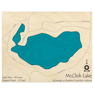 Bathymetric topo map of McClish Lake, IN with roads, towns and depths noted in blue water.