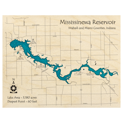 Bathymetric topo map of Mississinewa Reservoir, IN with roads, towns and depths noted in blue water.