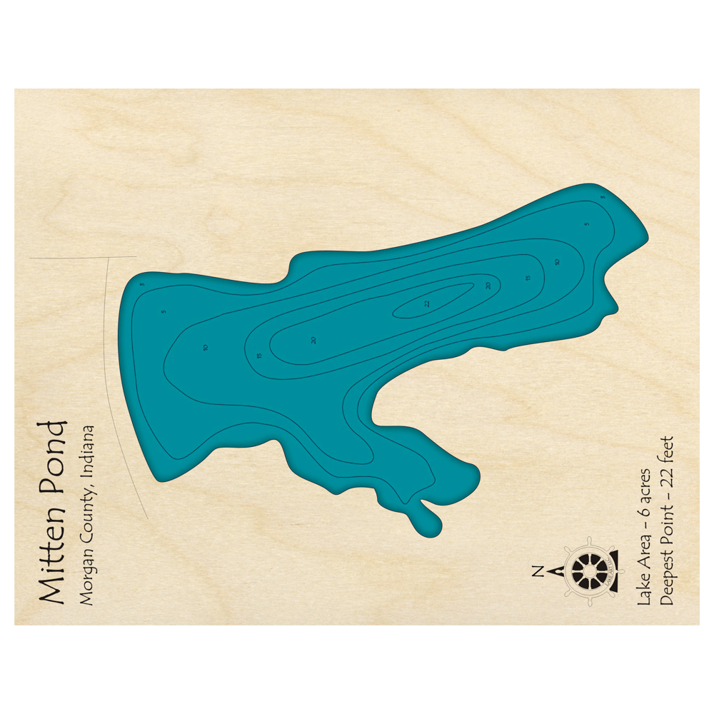 Bathymetric topo map of Mitten Pond, IN with roads, towns and depths noted in blue water.