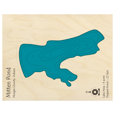 Bathymetric topo map of Mitten Pond, IN with roads, towns and depths noted in blue water.