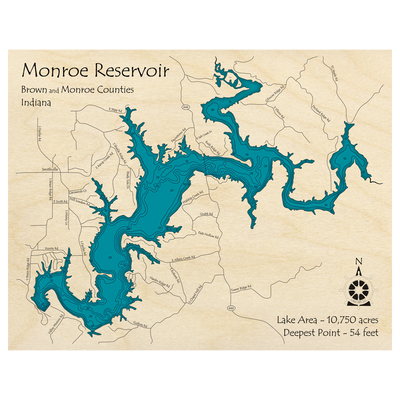 Bathymetric topo map of Monroe Reservoir, IN with roads, towns and depths noted in blue water.