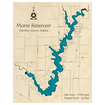 Bathymetric topo map of Morse Reservoir, IN with roads, towns and depths noted in blue water.