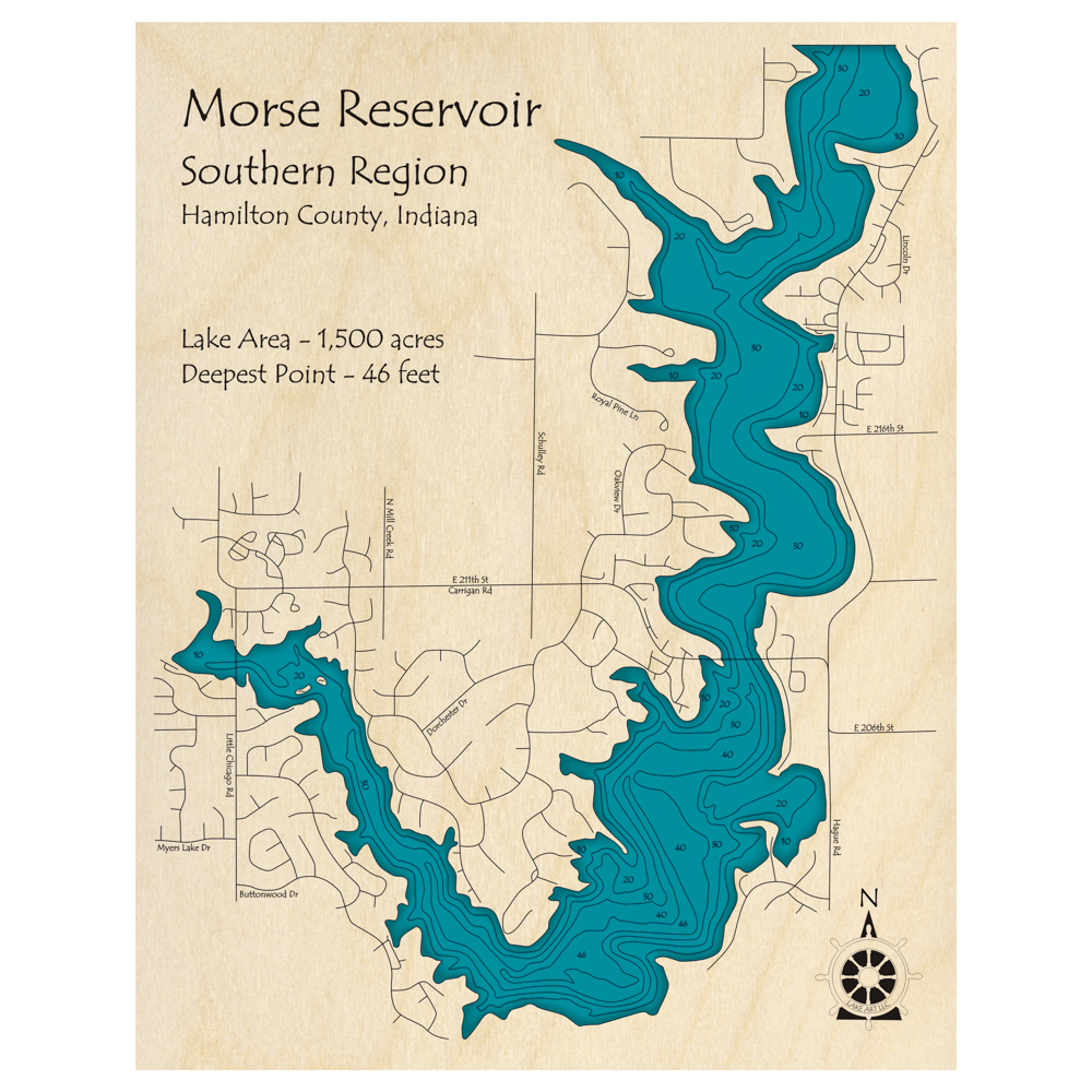 Bathymetric topo map of Morse Reservoir, IN with roads, towns and depths noted in blue water.