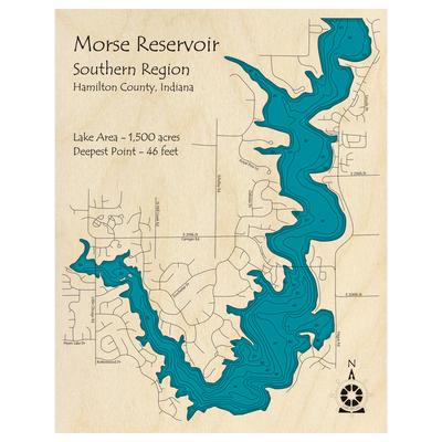 Bathymetric topo map of Morse Reservoir, IN with roads, towns and depths noted in blue water.