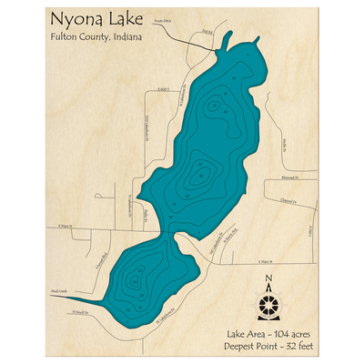 Bathymetric topo map of Nyona Lake, IN with roads, towns and depths noted in blue water.