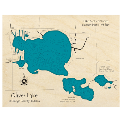 Bathymetric topo map of Oliver Lake, IN with roads, towns and depths noted in blue water.