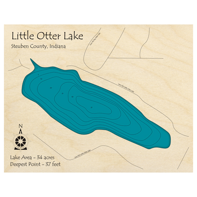 Bathymetric topo map of Little Otter Lake, IN with roads, towns and depths noted in blue water.