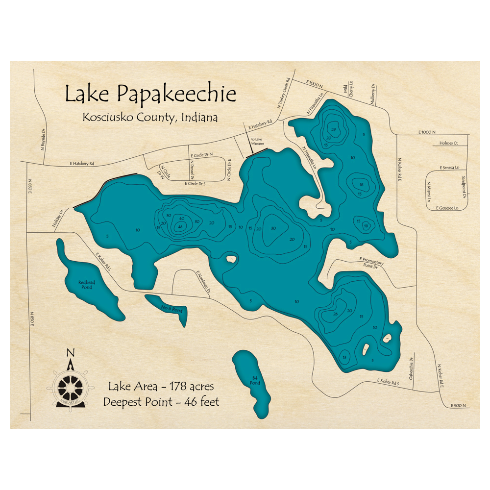 Bathymetric topo map of Lake Papakeechie, IN with roads, towns and depths noted in blue water.