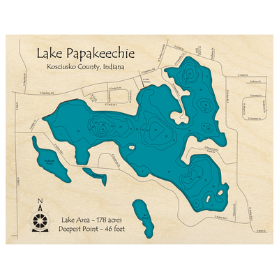 Bathymetric topo map of Lake Papakeechie, IN with roads, towns and depths noted in blue water.