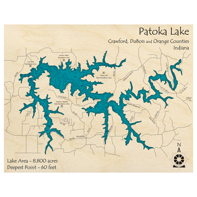 Bathymetric topo map of Patoka Lake, IN with roads, towns and depths noted in blue water.